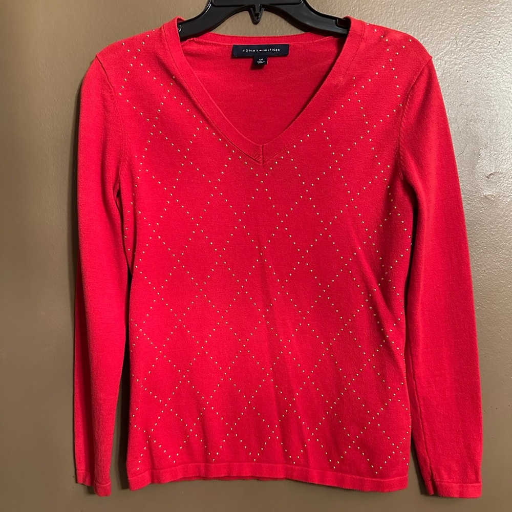 Like New-Women's Tommy Hilfiger Red V-Neck Top with Studded Design